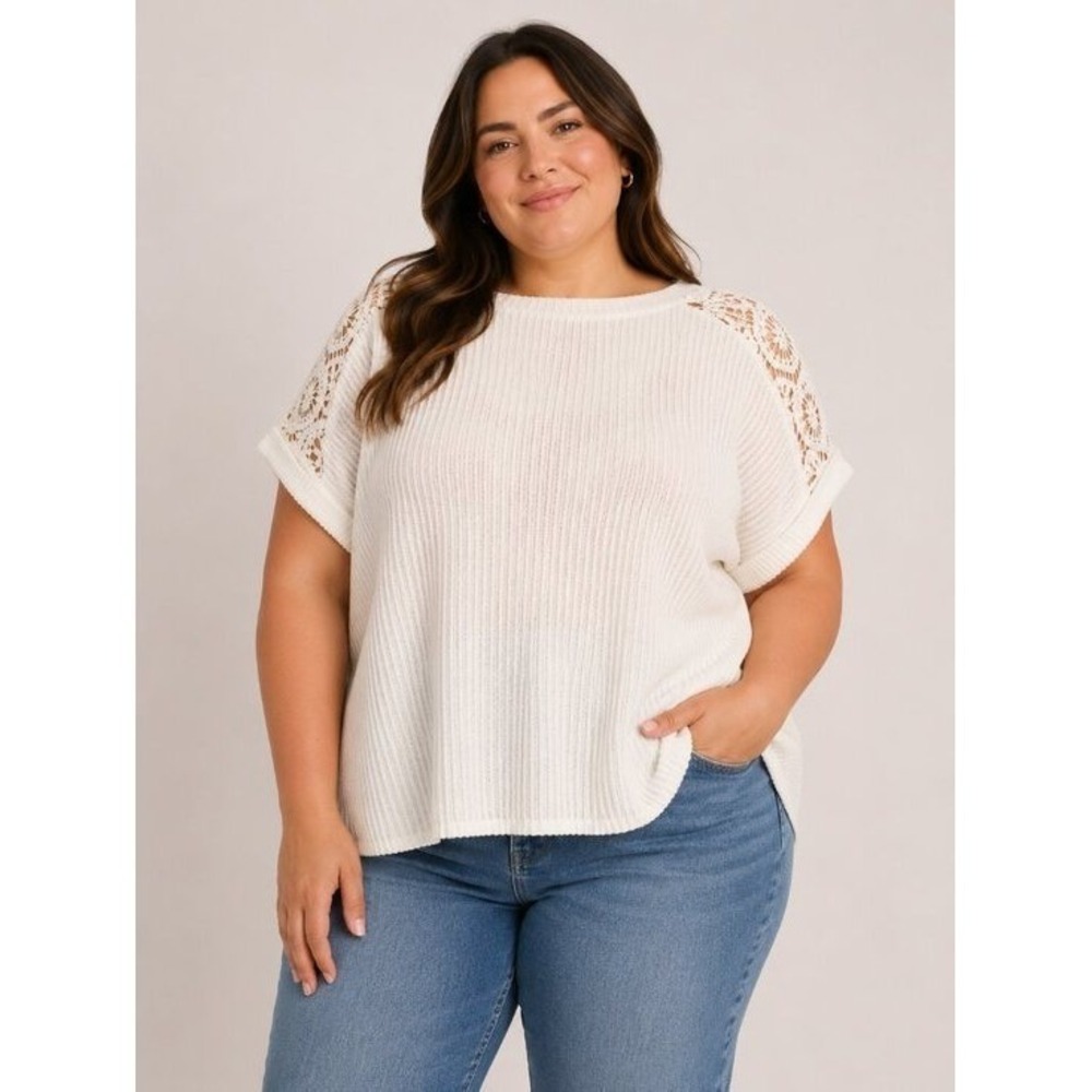 Fred David Ivory Crochet Sleeve‎ Knit Tunic Top Women's 1X Boho Cottagecore